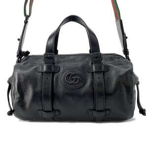 Gucci Double GG Duffle Leather Handbag Shoulder Bag Black